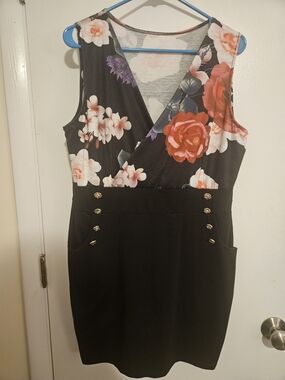 Floral Wrap Black Sheath Dress - Women's